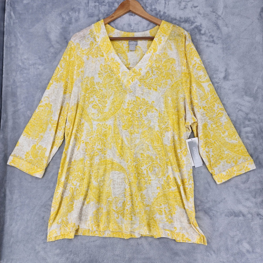 Chicos Linen Top Womens Size 2XL Yellow Paisley Print Knit Stretch Tunic XXL NWT
